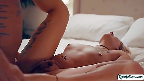 Busty shemale with big tits gets her anal fucked hard