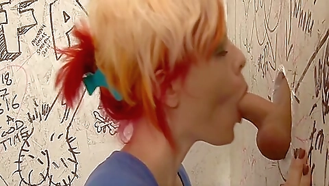 Blonde shemale with huge tits gets a deep throat blowjob