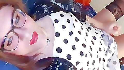 Busty amateur in stockings masturbating alone on bed