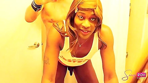 Ebony lady gets fucked by a handsome guy and a shemale