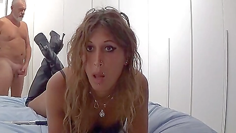 Hot brunette trans tranny gets fucked on the bed by a man