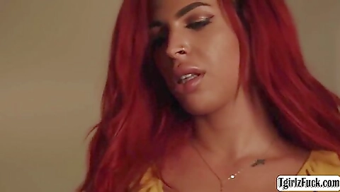 Red-haired babe with big natural tits getting fucked deep